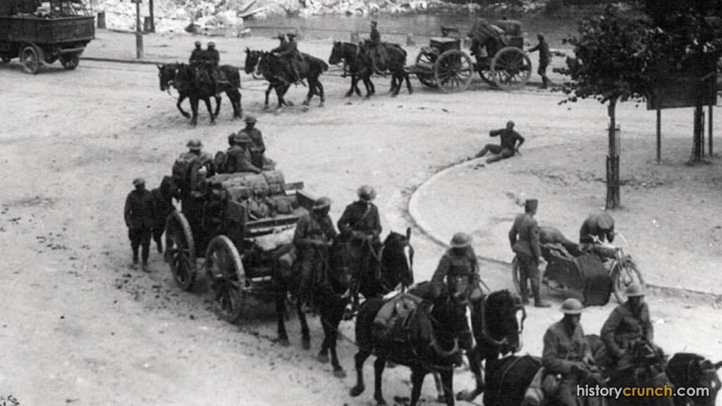 United States artillery crews and horses during the Battle of Château-Thierry in World War I.